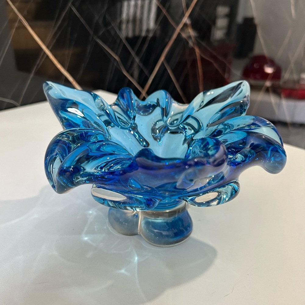 Vintage Peacock Blue Chalet style Art Glass Footed Bowl catchall/ashtray/ Canada